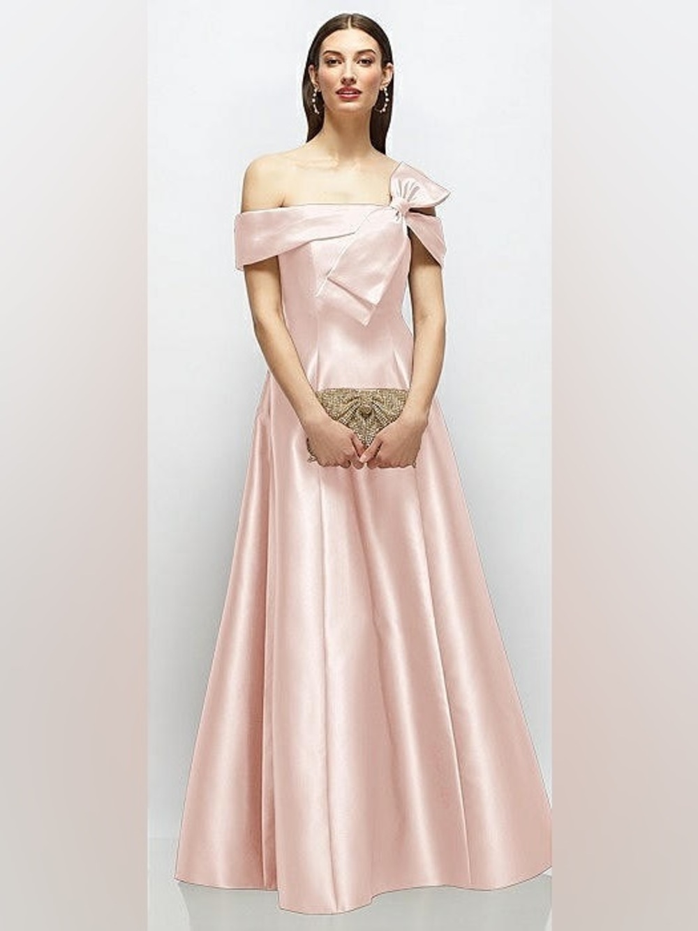 Off-Shoulder Bow A-Line Gown in Light Pink